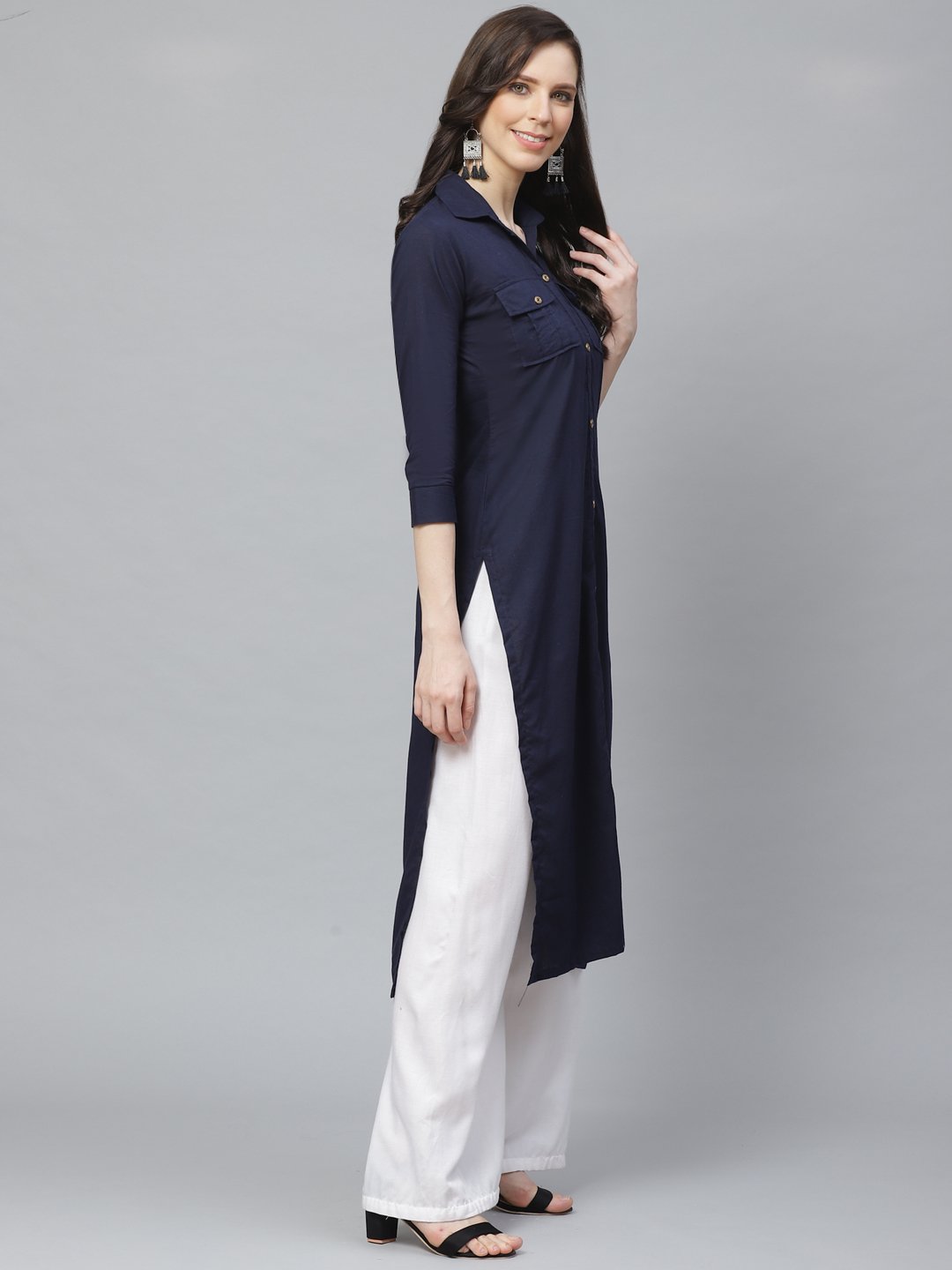 Women Navy Blue Calf Length Three-Quarter Sleeves Pathani Solid Solid Cotton Kurta | NOZ2TOZ - Made In INDIA.