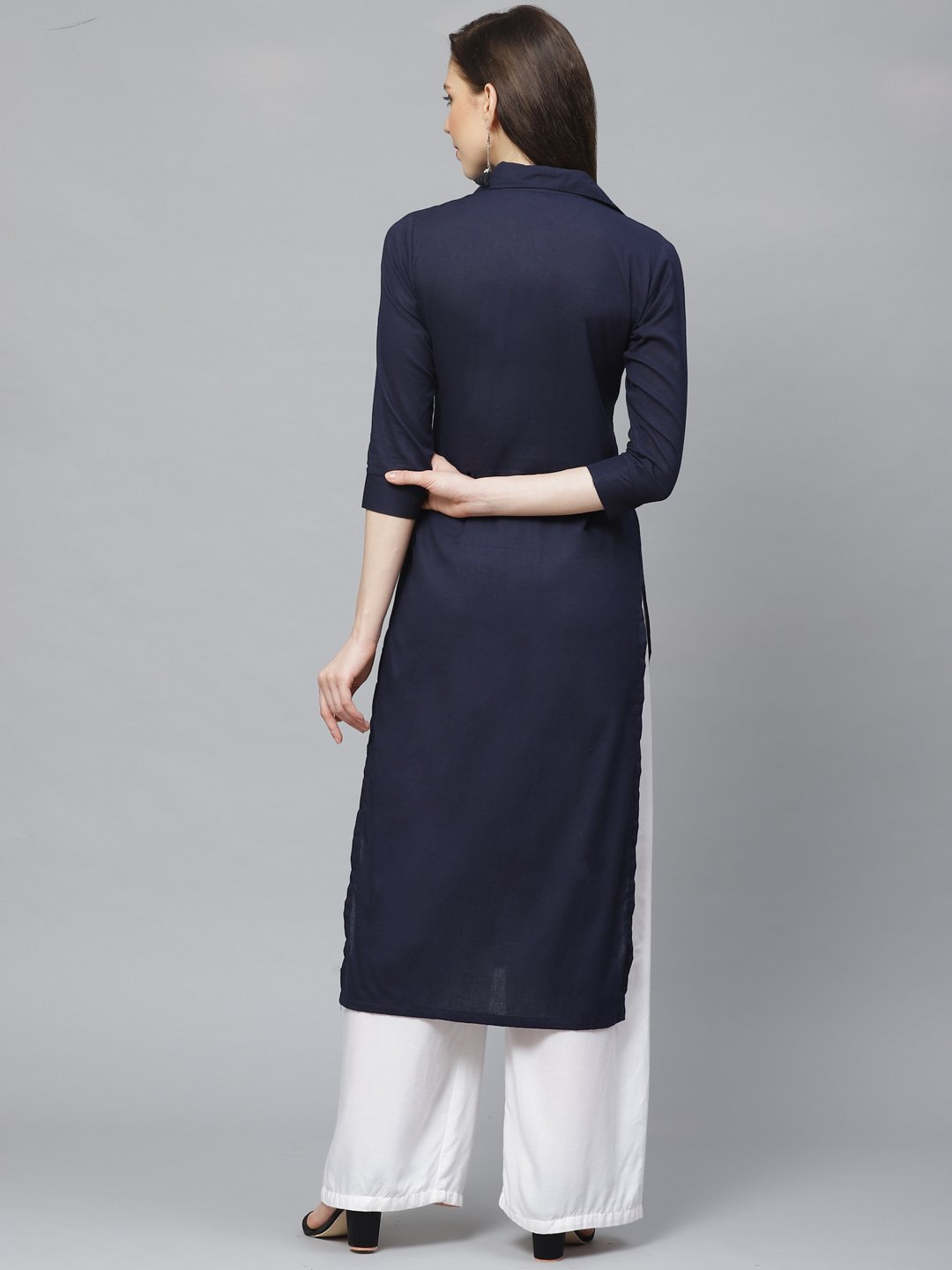 Women Navy Blue Calf Length Three-Quarter Sleeves Pathani Solid Solid Cotton Kurta | NOZ2TOZ - Made In INDIA.