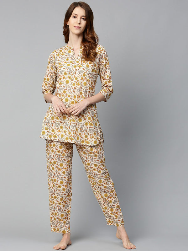 Women Cream And multi floral prnt Top and pant set | NOZ2TOZ - Made In INDIA.