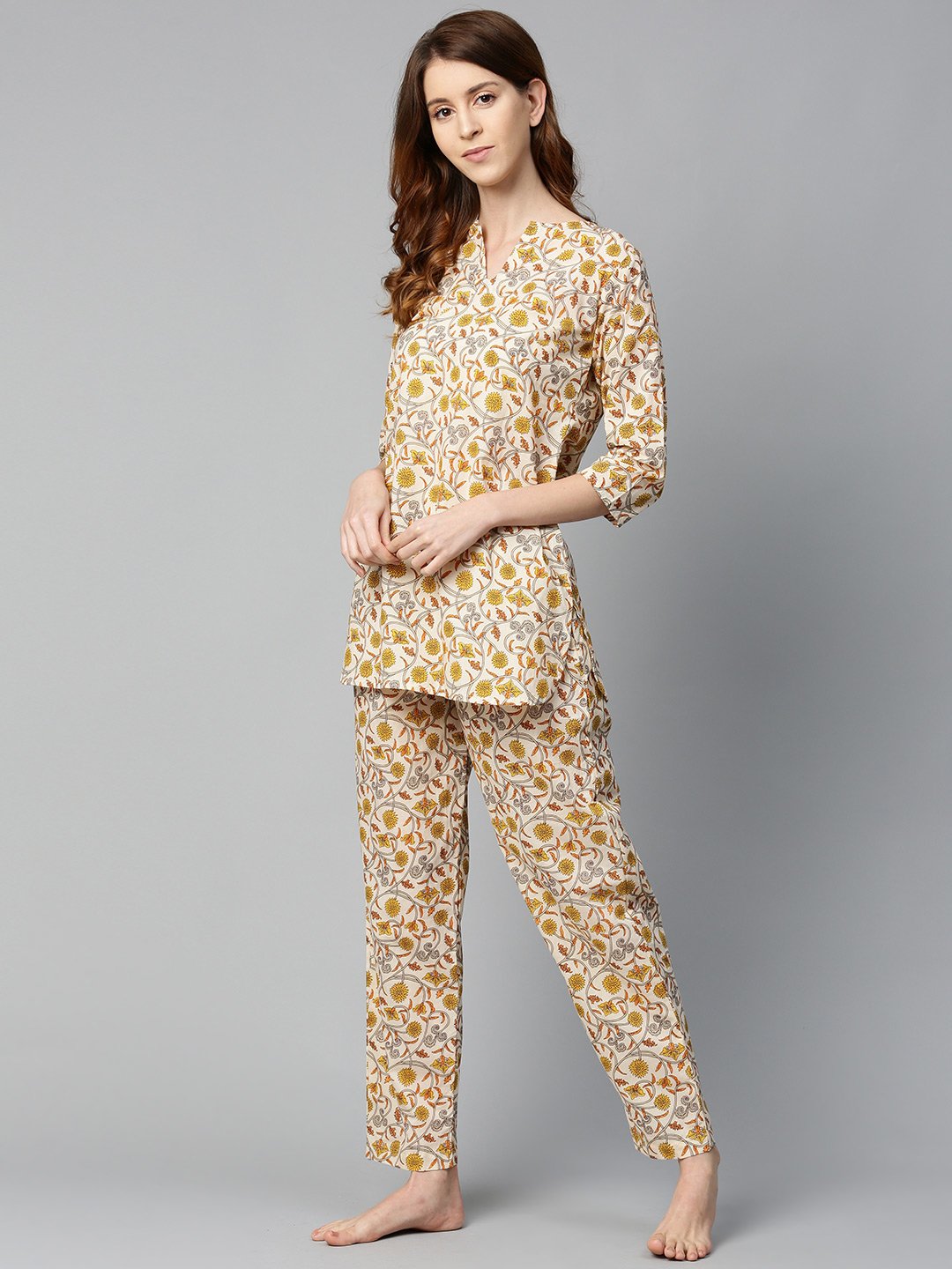 Women Cream And multi floral prnt Top and pant set | NOZ2TOZ - Made In INDIA.