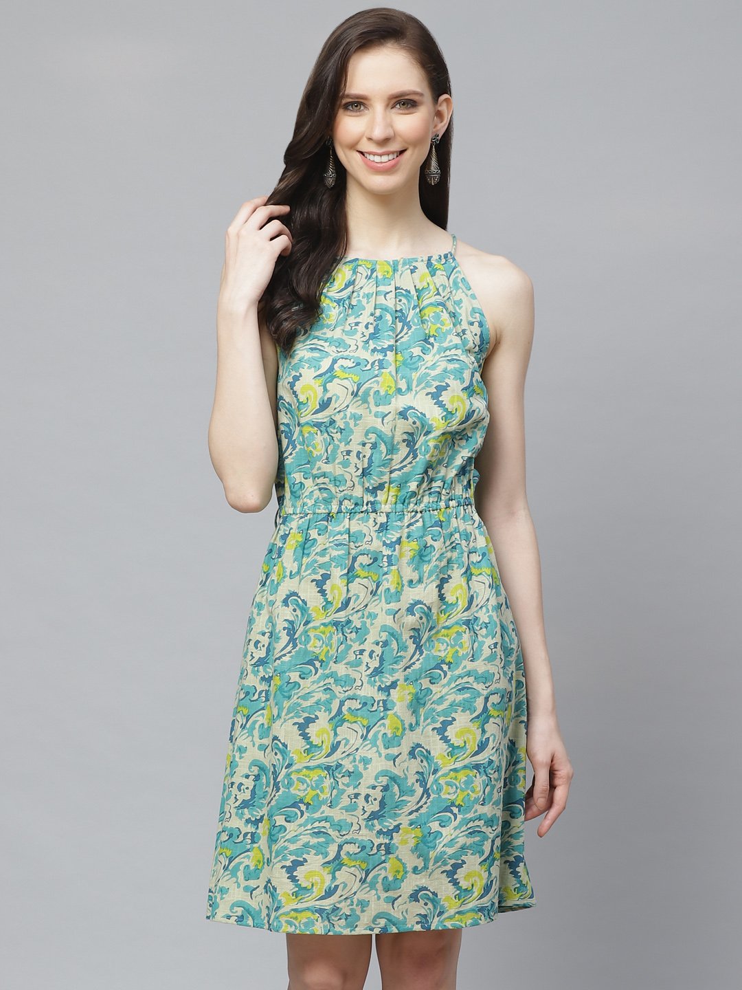 Women White and blue Floral Printed Halter Neck Cotton A-Line Dress | NOZ2TOZ - Made In INDIA.