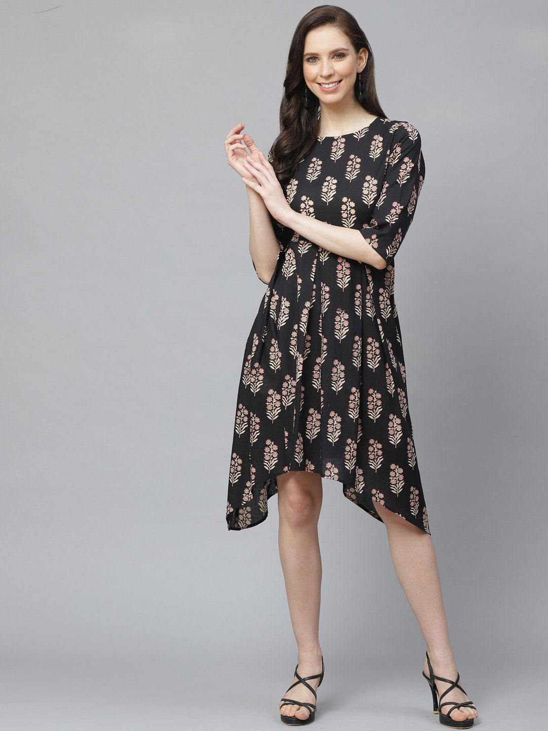 Women Black Floral Printed Round Neck Cotton Fit and Flare Dress | NOZ2TOZ - Made In INDIA.