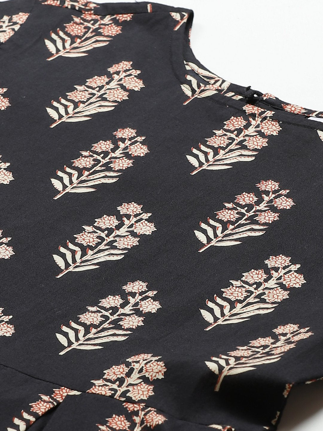 Women Black Floral Printed Round Neck Cotton Fit and Flare Dress | NOZ2TOZ - Made In INDIA.