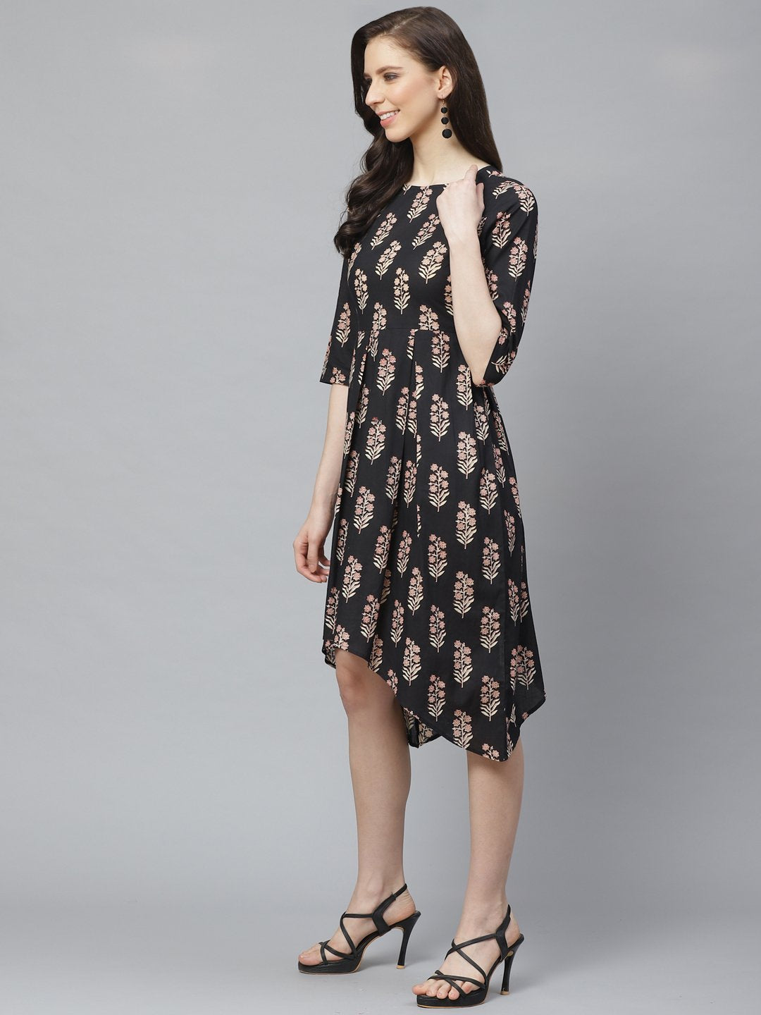 Women Black Floral Printed Round Neck Cotton Fit and Flare Dress | NOZ2TOZ - Made In INDIA.