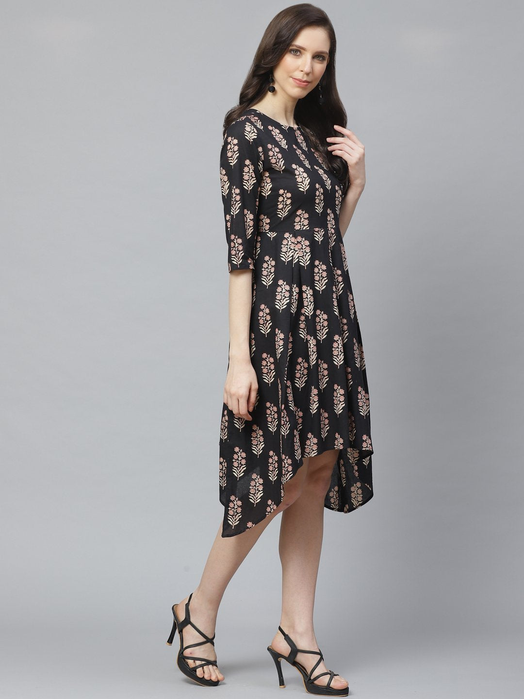 Women Black Floral Printed Round Neck Cotton Fit and Flare Dress | NOZ2TOZ - Made In INDIA.