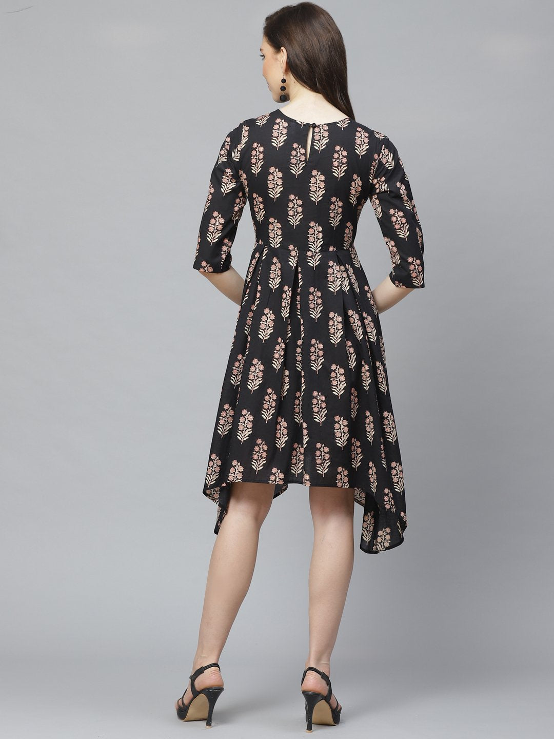 Women Black Floral Printed Round Neck Cotton Fit and Flare Dress | NOZ2TOZ - Made In INDIA.