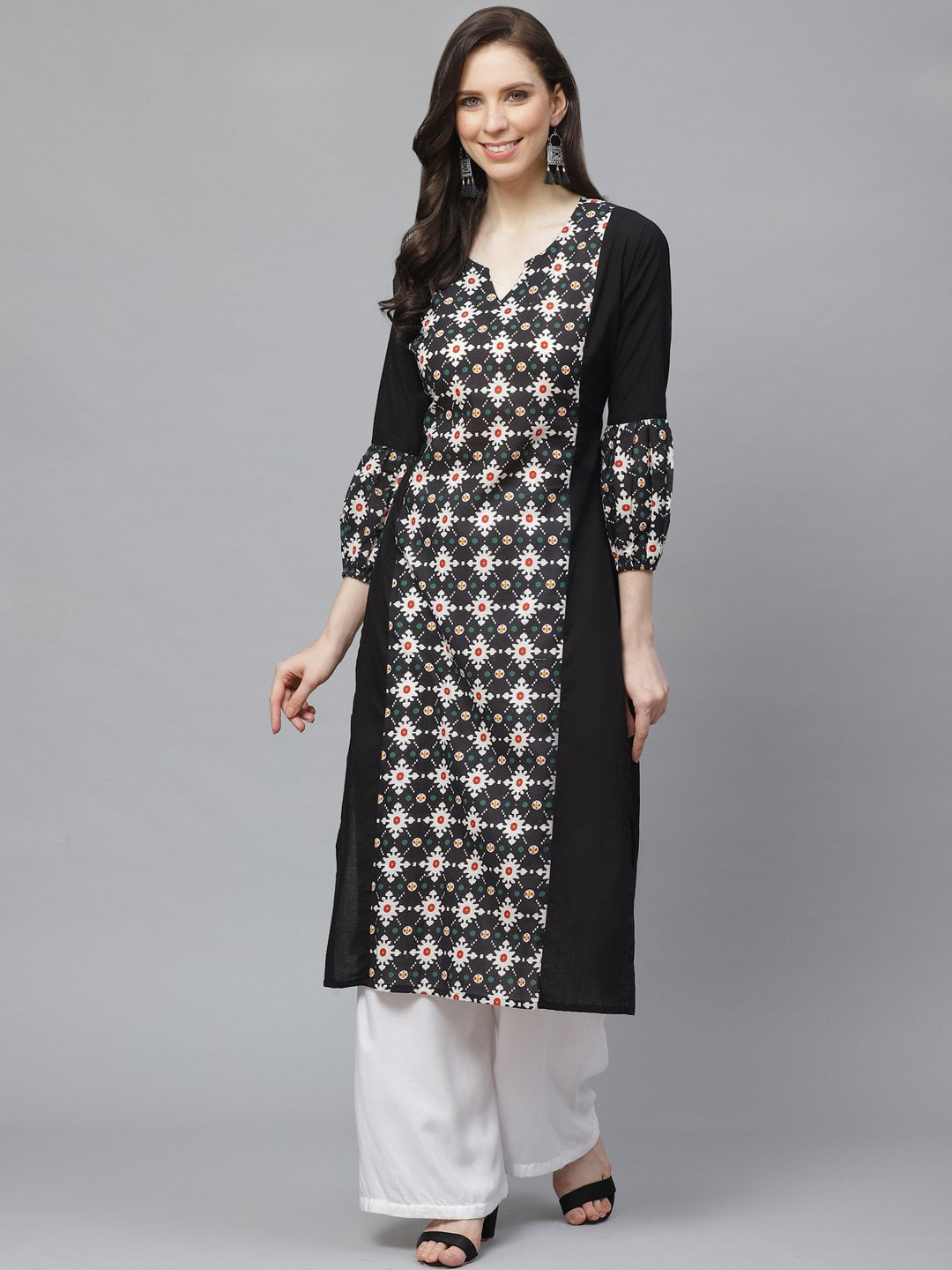 Women Black Calf Length Long Sleeves A-Line Geometric Printed Cotton Kurta | NOZ2TOZ - Made In INDIA.