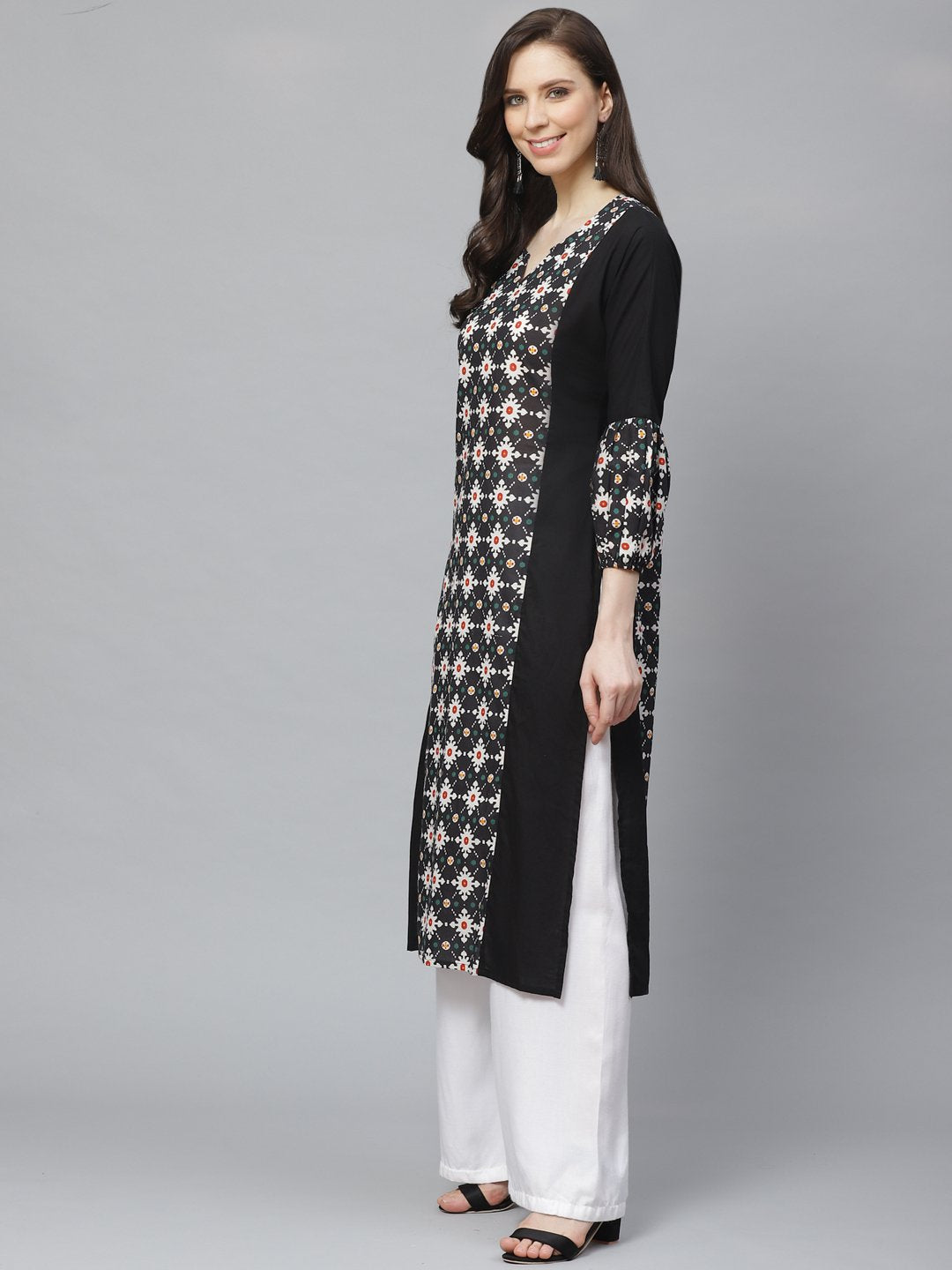 Women Black Calf Length Long Sleeves A-Line Geometric Printed Cotton Kurta | NOZ2TOZ - Made In INDIA.