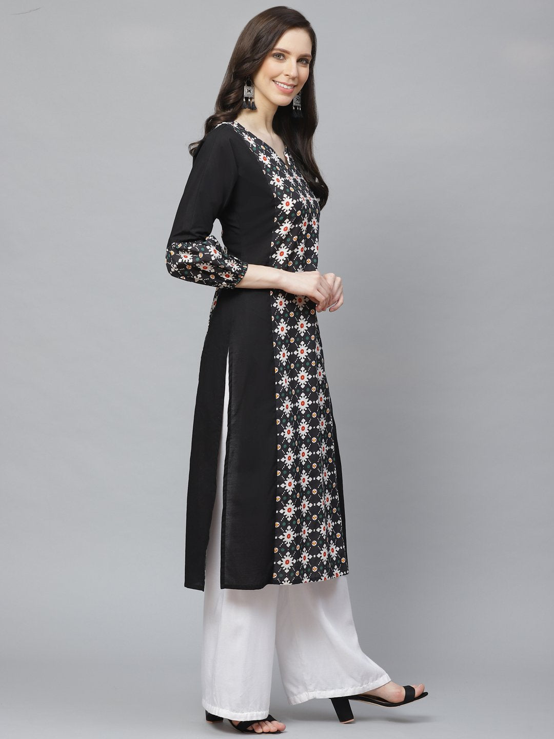 Women Black Calf Length Long Sleeves A-Line Geometric Printed Cotton Kurta | NOZ2TOZ - Made In INDIA.