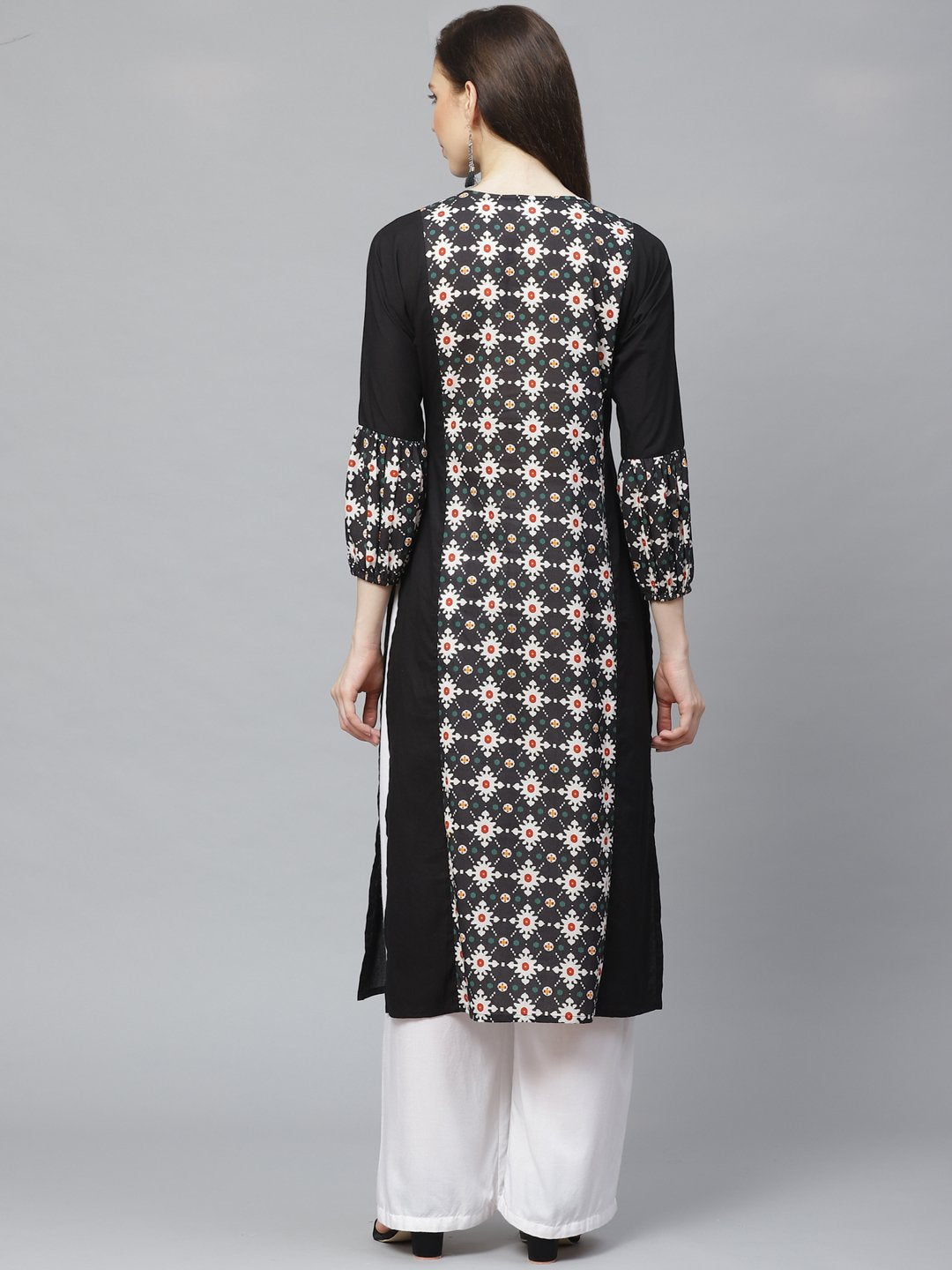 Women Black Calf Length Long Sleeves A-Line Geometric Printed Cotton Kurta | NOZ2TOZ - Made In INDIA.