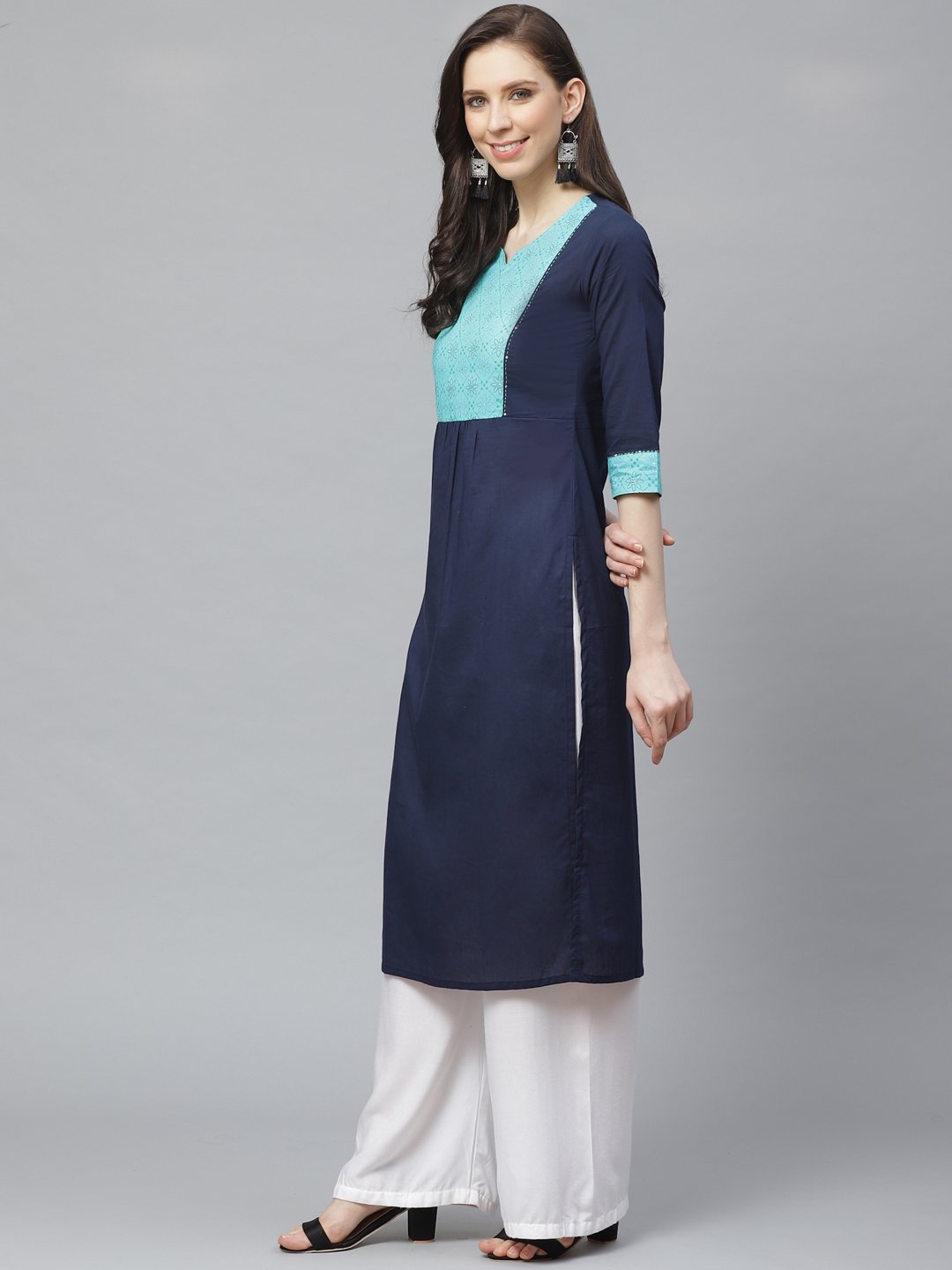 Women Navy Blue Calf Length Three-Quarter Sleeves Straight Solid Yoke Design Cotton Kurta | NOZ2TOZ - Made In INDIA.