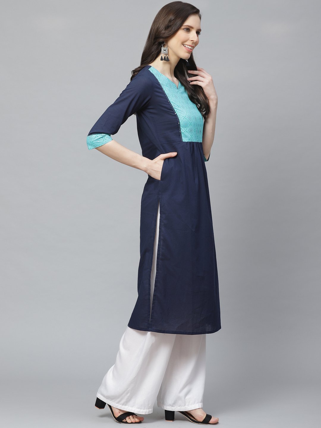 Women Navy Blue Calf Length Three-Quarter Sleeves Straight Solid Yoke Design Cotton Kurta | NOZ2TOZ - Made In INDIA.