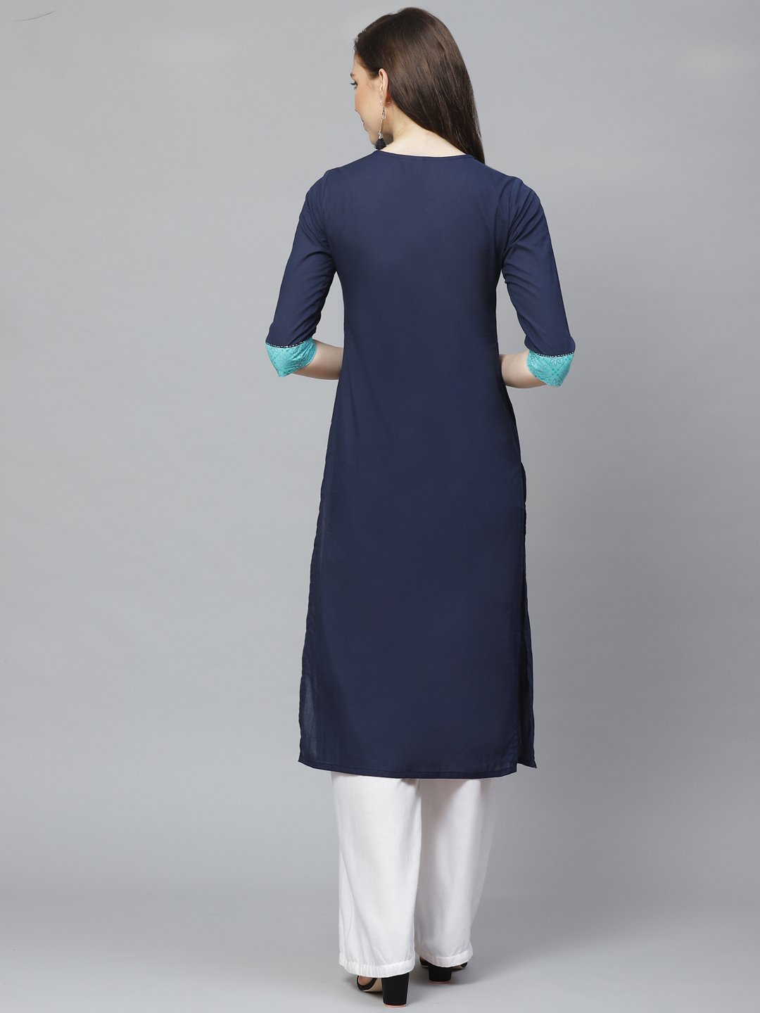 Women Navy Blue Calf Length Three-Quarter Sleeves Straight Solid Yoke Design Cotton Kurta | NOZ2TOZ - Made In INDIA.