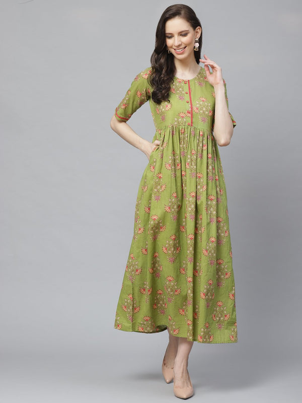 Women Green Floral Printed Round Neck Cotton A-Line Dress | NOZ2TOZ - Made In INDIA.