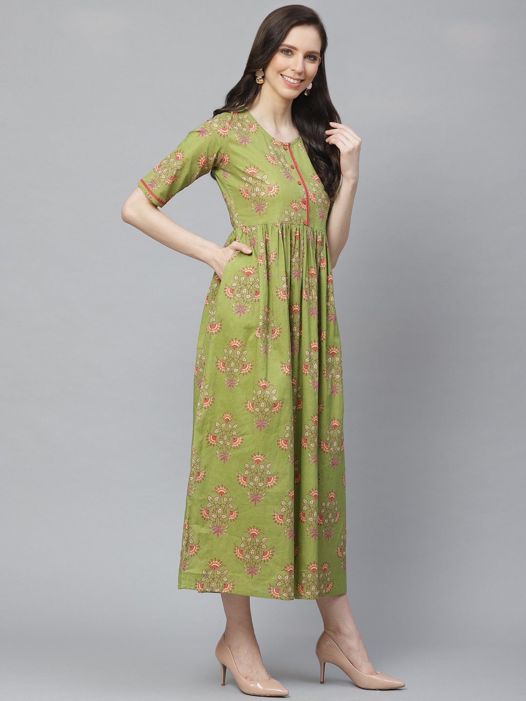 Women Green Floral Printed Round Neck Cotton A-Line Dress | NOZ2TOZ - Made In INDIA.