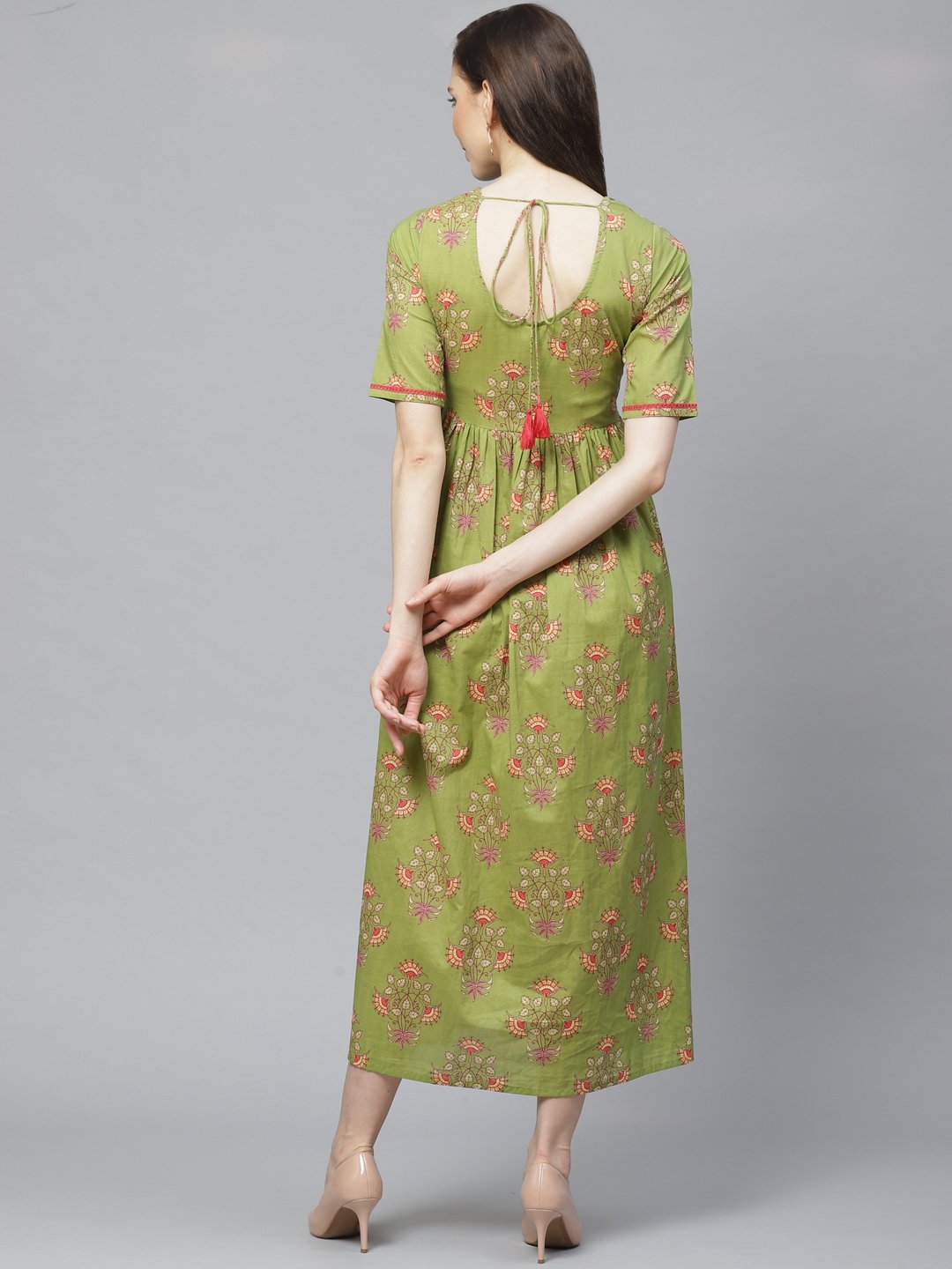 Women Green Floral Printed Round Neck Cotton A-Line Dress | NOZ2TOZ - Made In INDIA.