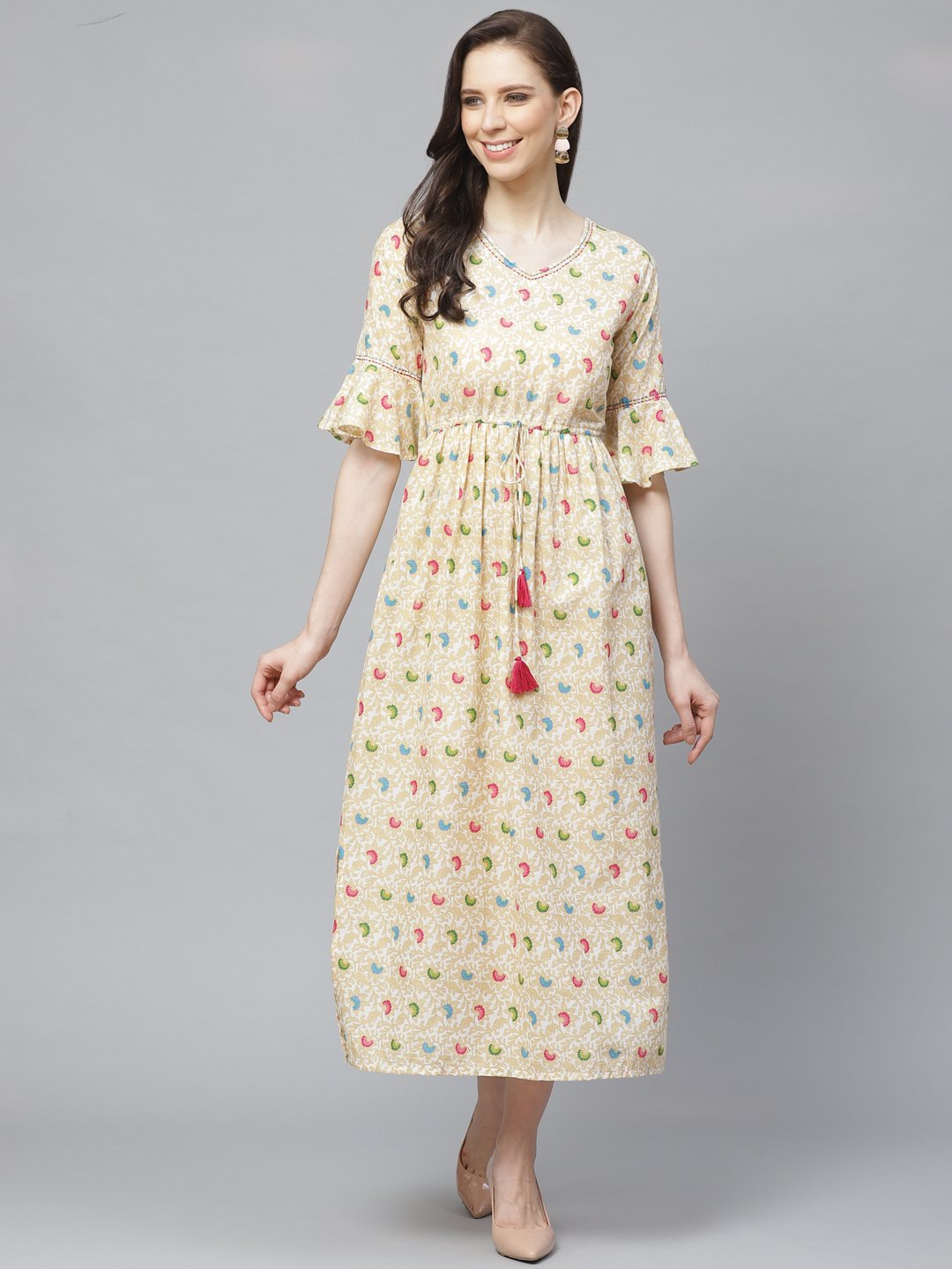 Women White Floral Printed V-Neck Cotton Fit and Flare Dress | NOZ2TOZ - Made In INDIA.