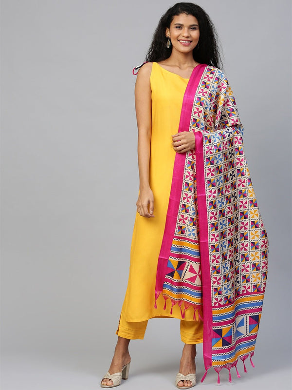 Women Mustard  Sleeveless Straight Kurta Trouser Dupatta set | NOZ2TOZ - Made In INDIA.