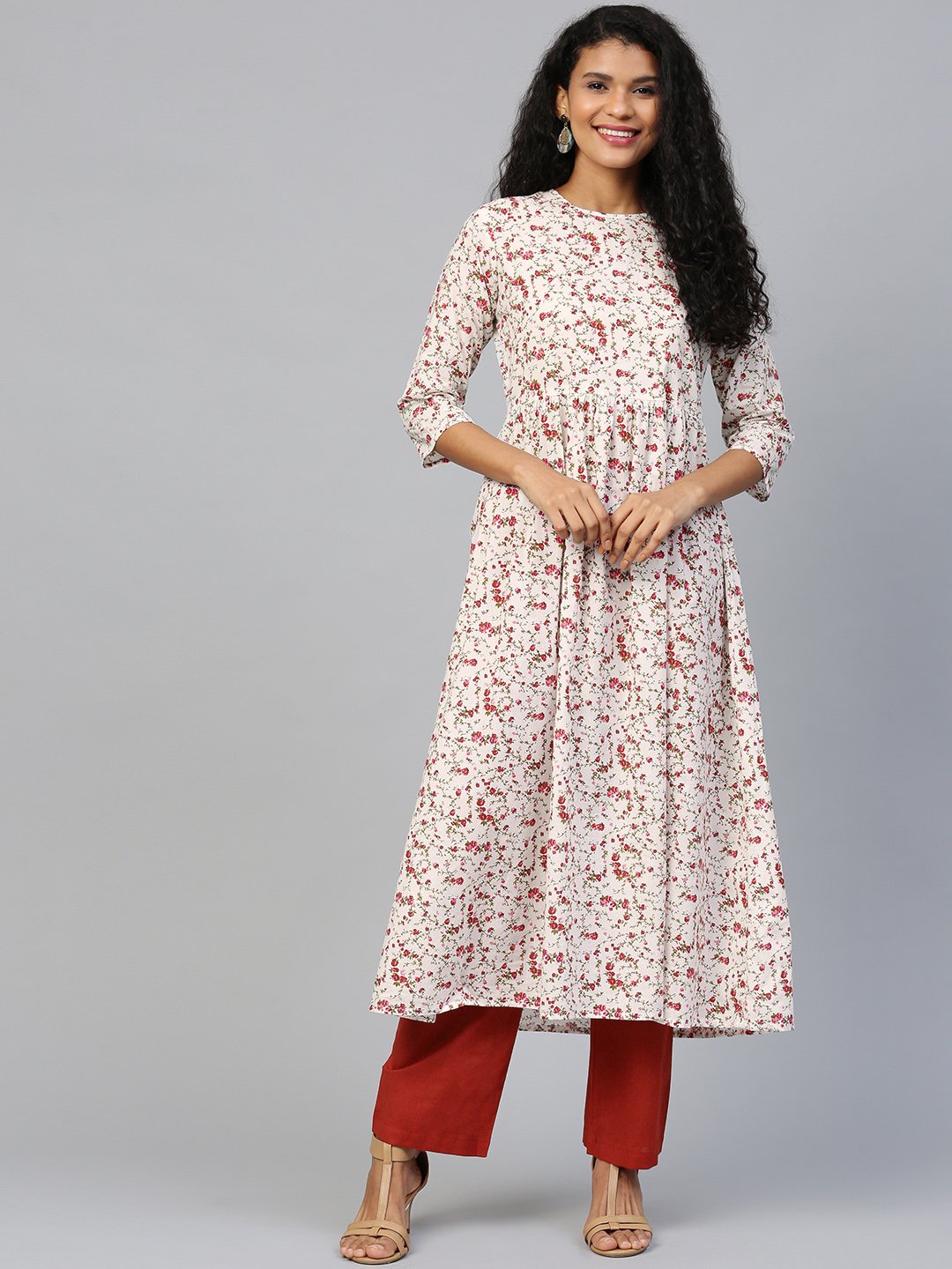 Women White Three-Quarter Sleeves Flared Kurta and Trouser Set | NOZ2TOZ - Made In INDIA.