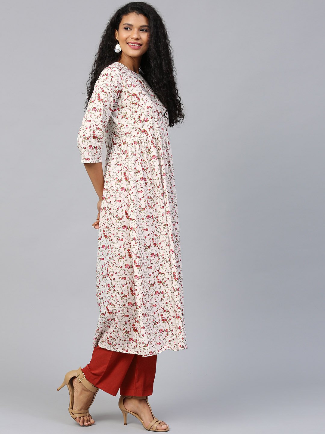 Women White Three-Quarter Sleeves Flared Kurta and Trouser Set | NOZ2TOZ - Made In INDIA.