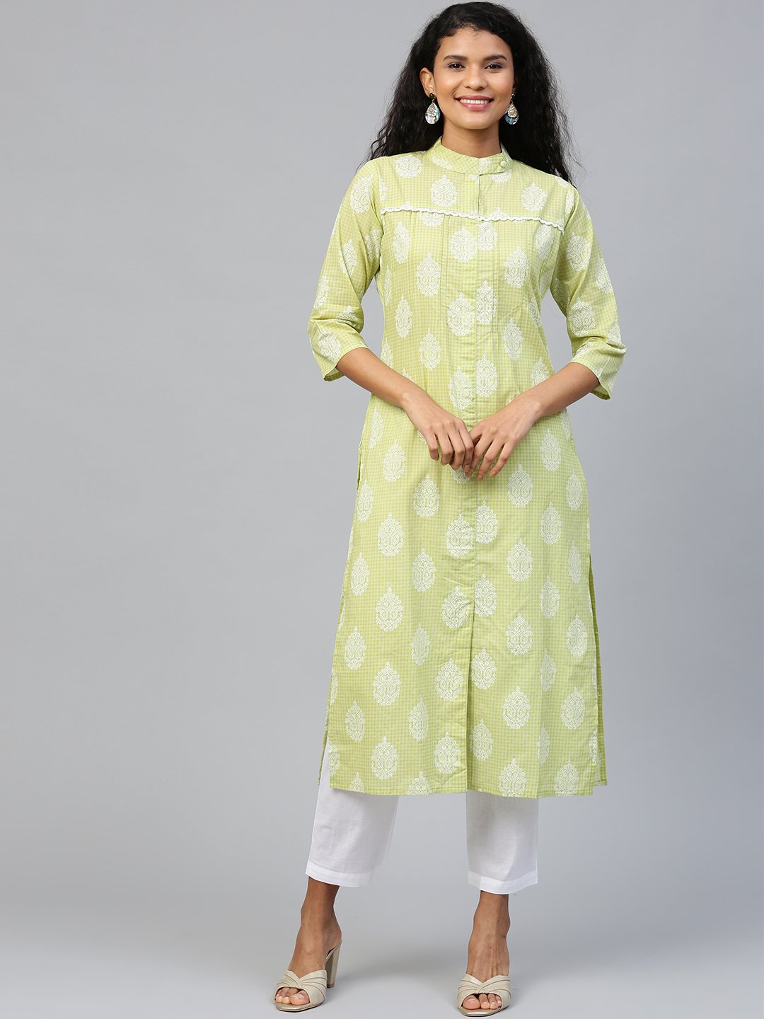 Women White Three-Quarter Sleeves Flared Kurta and Trouser Set | NOZ2TOZ - Made In INDIA.