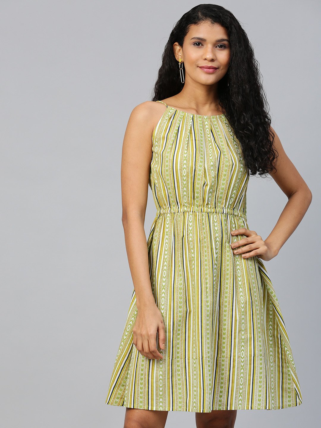 Women Multi Striped Striped Halter Neck Cotton A-Line Dress | NOZ2TOZ - Made In INDIA.