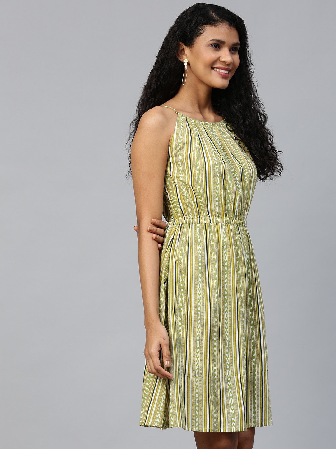 Women Multi Striped Striped Halter Neck Cotton A-Line Dress | NOZ2TOZ - Made In INDIA.