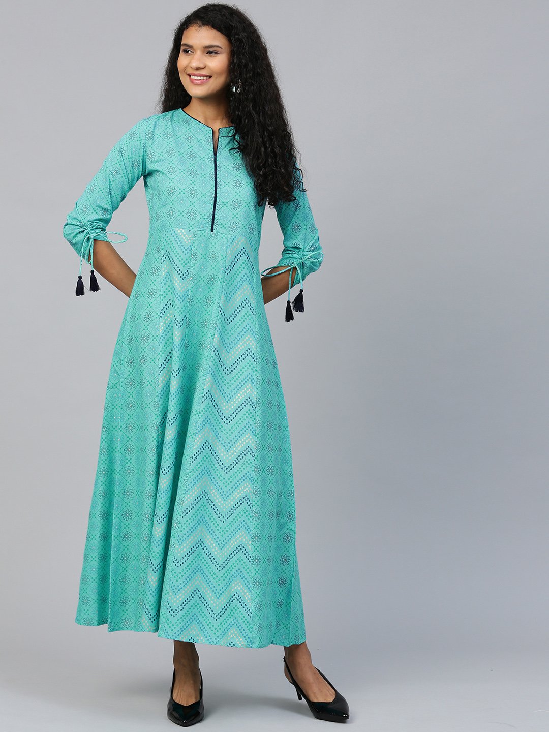 Women Blue Floral Printed V-Neck Cotton Maxi Dress | NOZ2TOZ - Made In INDIA.