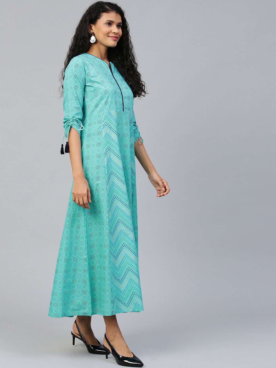 Women Blue Floral Printed V-Neck Cotton Maxi Dress | NOZ2TOZ - Made In INDIA.