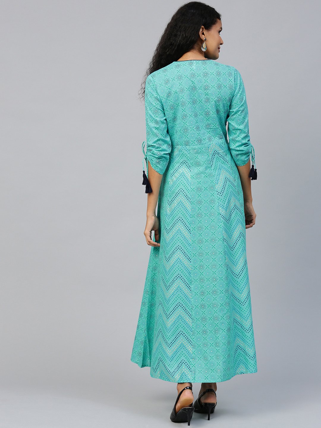 Women Blue Floral Printed V-Neck Cotton Maxi Dress | NOZ2TOZ - Made In INDIA.