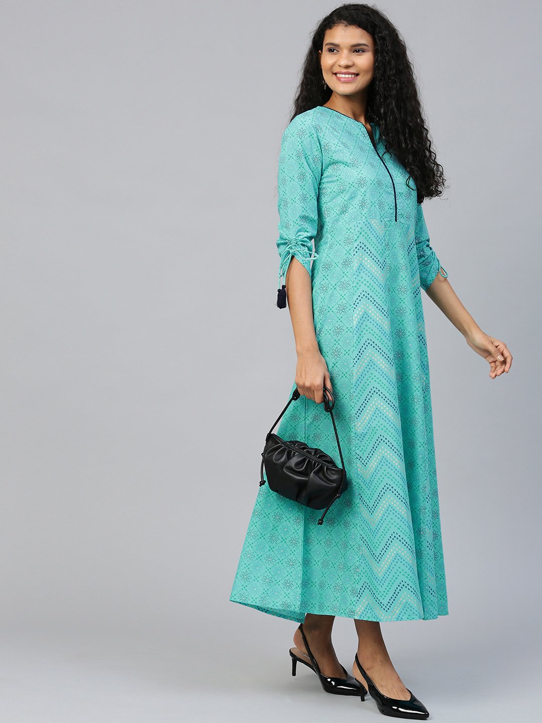 Women Blue Floral Printed V-Neck Cotton Maxi Dress | NOZ2TOZ - Made In INDIA.