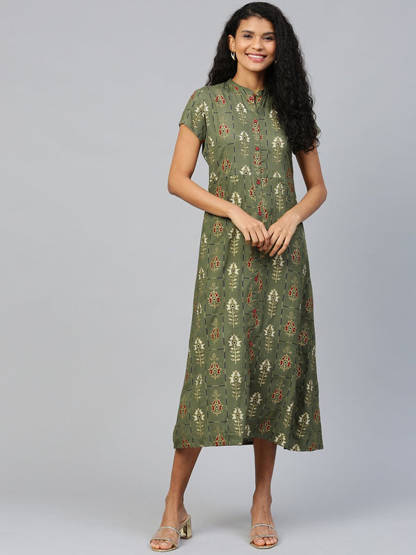 Women Grey Floral Printed Mandarin Collar Viscose Rayon Fit and Flare Dress | NOZ2TOZ - Made In INDIA.