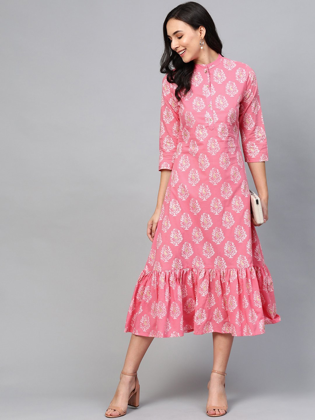 Women Pink Ethnic Motifs Printed Mandarin Collar Cotton Maxi Dress | NOZ2TOZ - Made In INDIA.