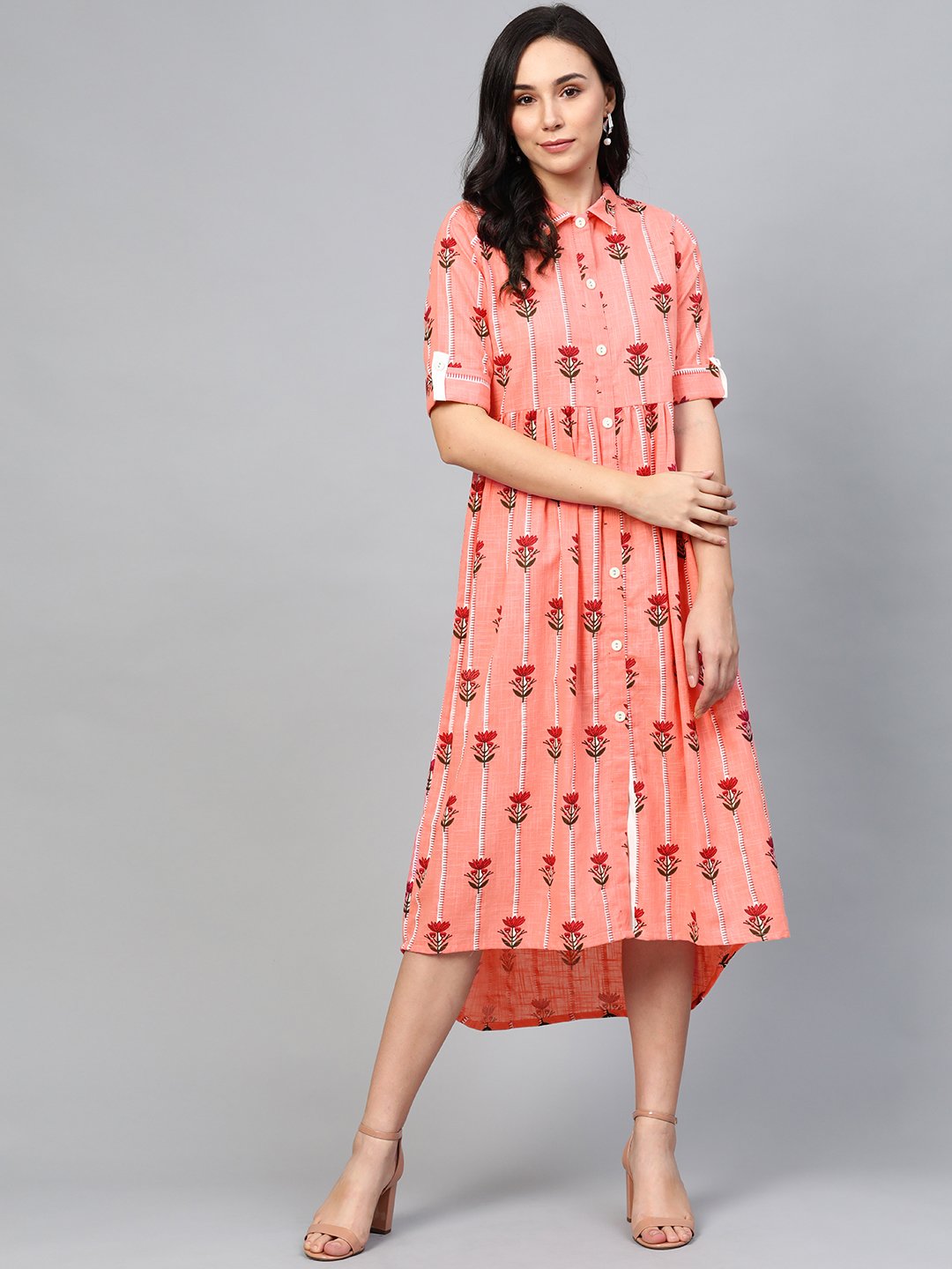 Women Pink Floral Printed Shirt Collar Cotton Maxi Dress | NOZ2TOZ - Made In INDIA.