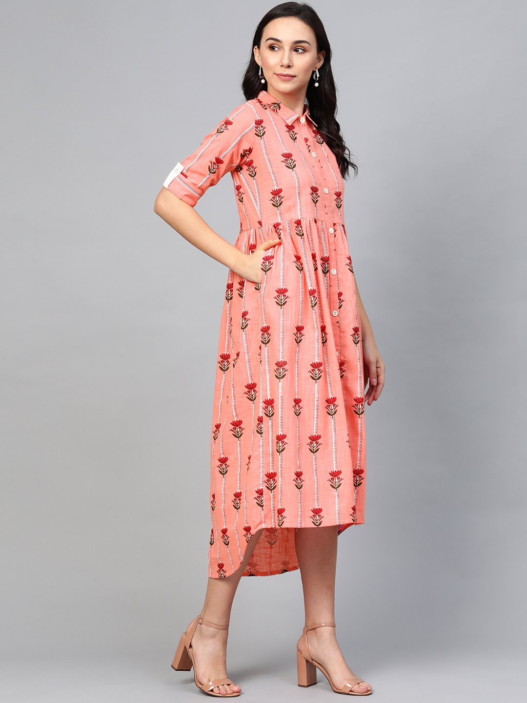 Women Pink Floral Printed Shirt Collar Cotton Maxi Dress | NOZ2TOZ - Made In INDIA.