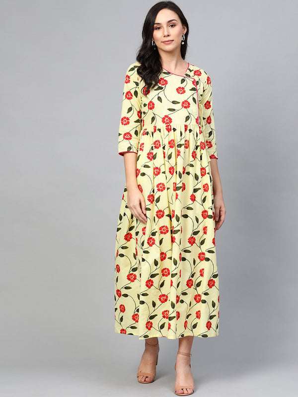 Women Yellow Floral Printed V-Neck Viscose Rayon Maxi Dress | NOZ2TOZ - Made In INDIA.