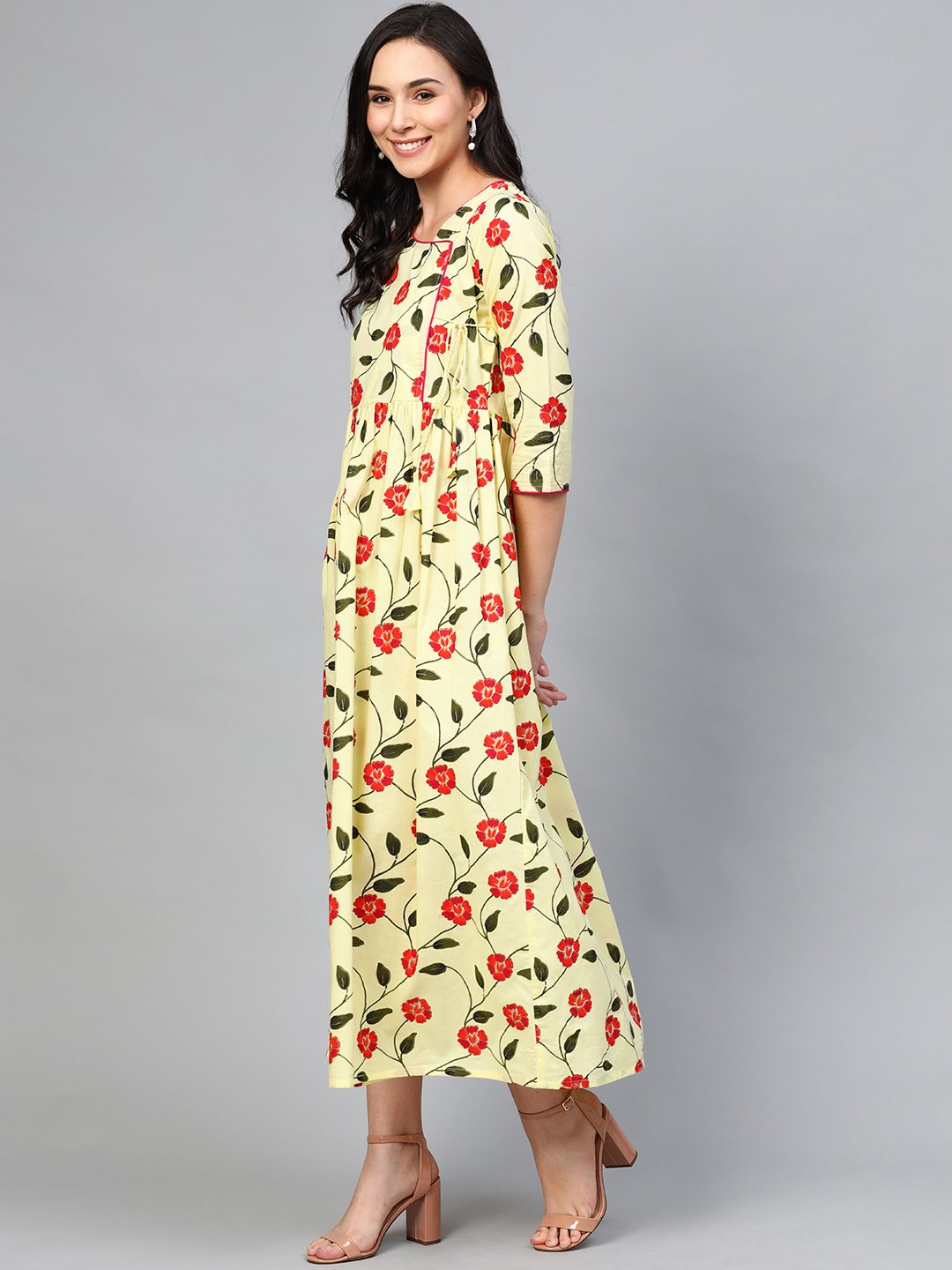 Women Yellow Floral Printed V-Neck Viscose Rayon Maxi Dress | NOZ2TOZ - Made In INDIA.