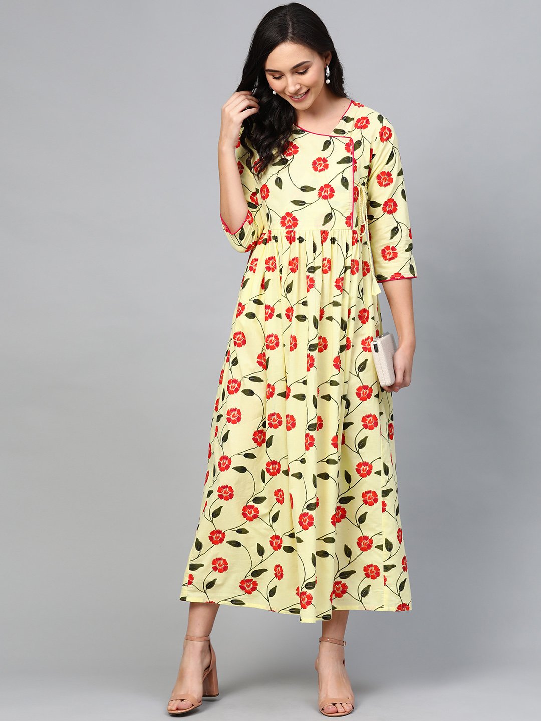 Women Yellow Floral Printed V-Neck Viscose Rayon Maxi Dress | NOZ2TOZ - Made In INDIA.