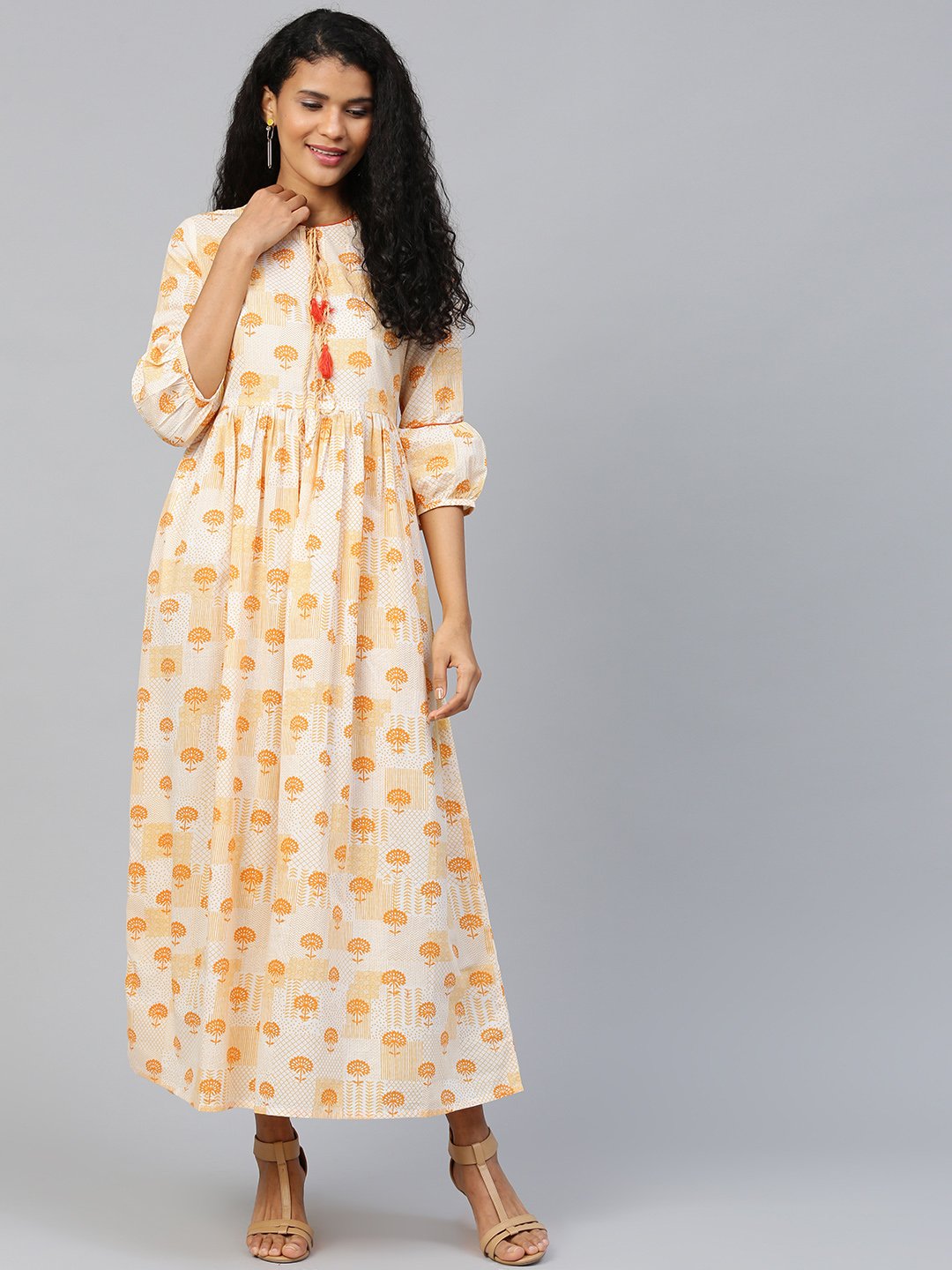 Women Off white Floral Printed Round Neck Cotton A-Line Dress | NOZ2TOZ - Made In INDIA.