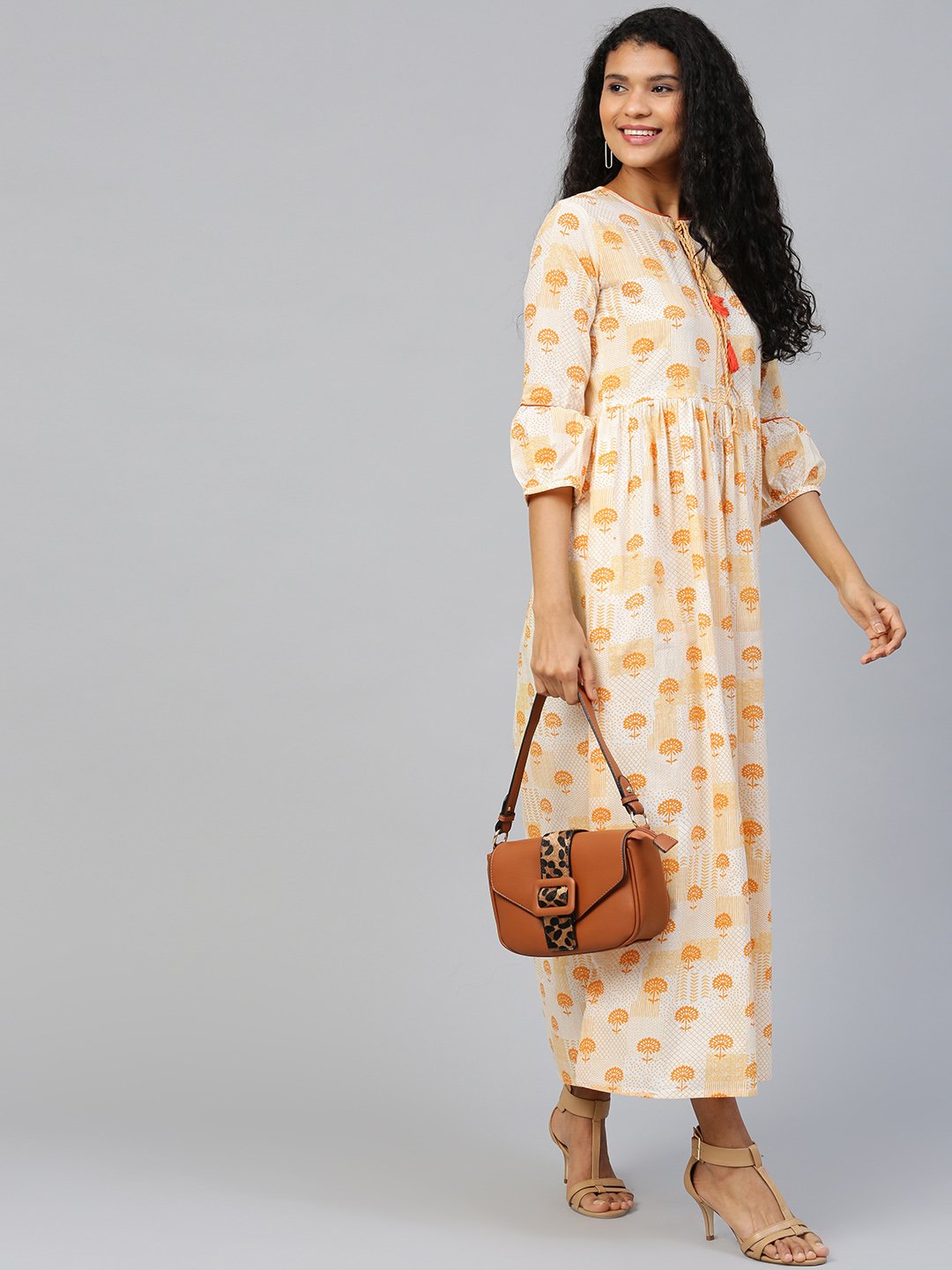 Women Off white Floral Printed Round Neck Cotton A-Line Dress | NOZ2TOZ - Made In INDIA.