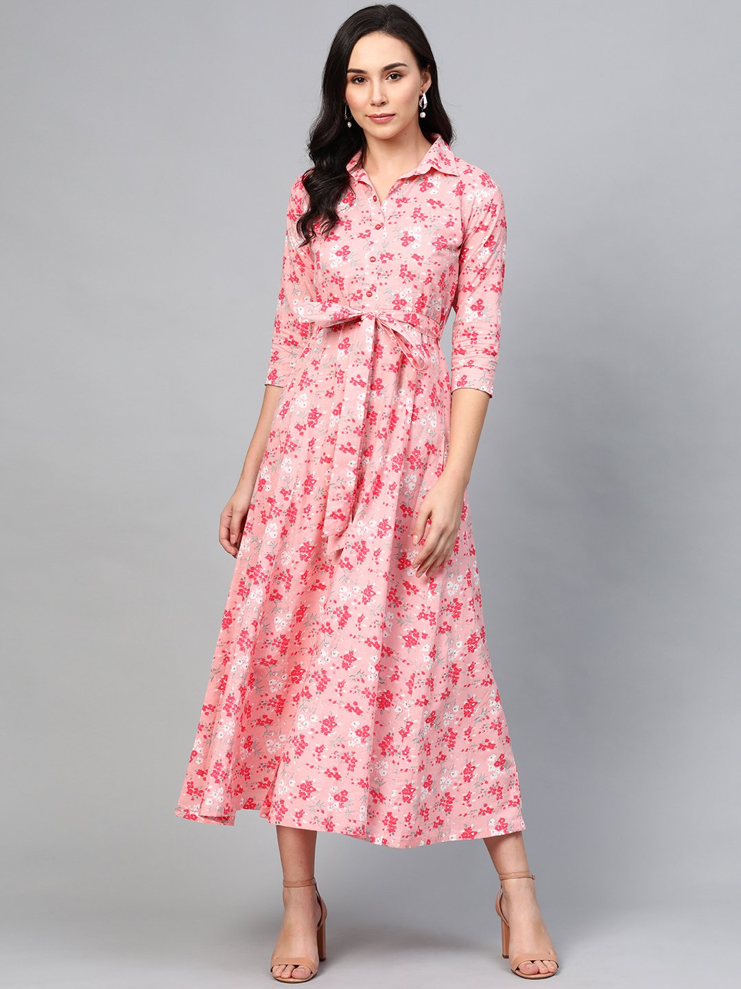 Women Pink Floral Printed Shirt Collar Cotton A-Line Dress | NOZ2TOZ - Made In INDIA.