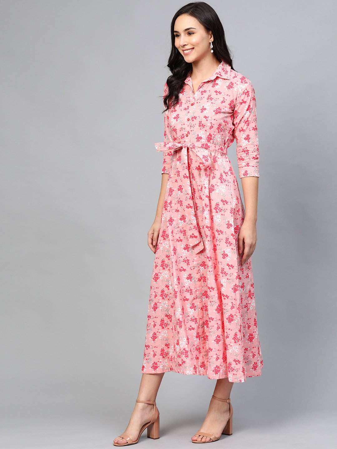 Women Pink Floral Printed Shirt Collar Cotton A-Line Dress | NOZ2TOZ - Made In INDIA.