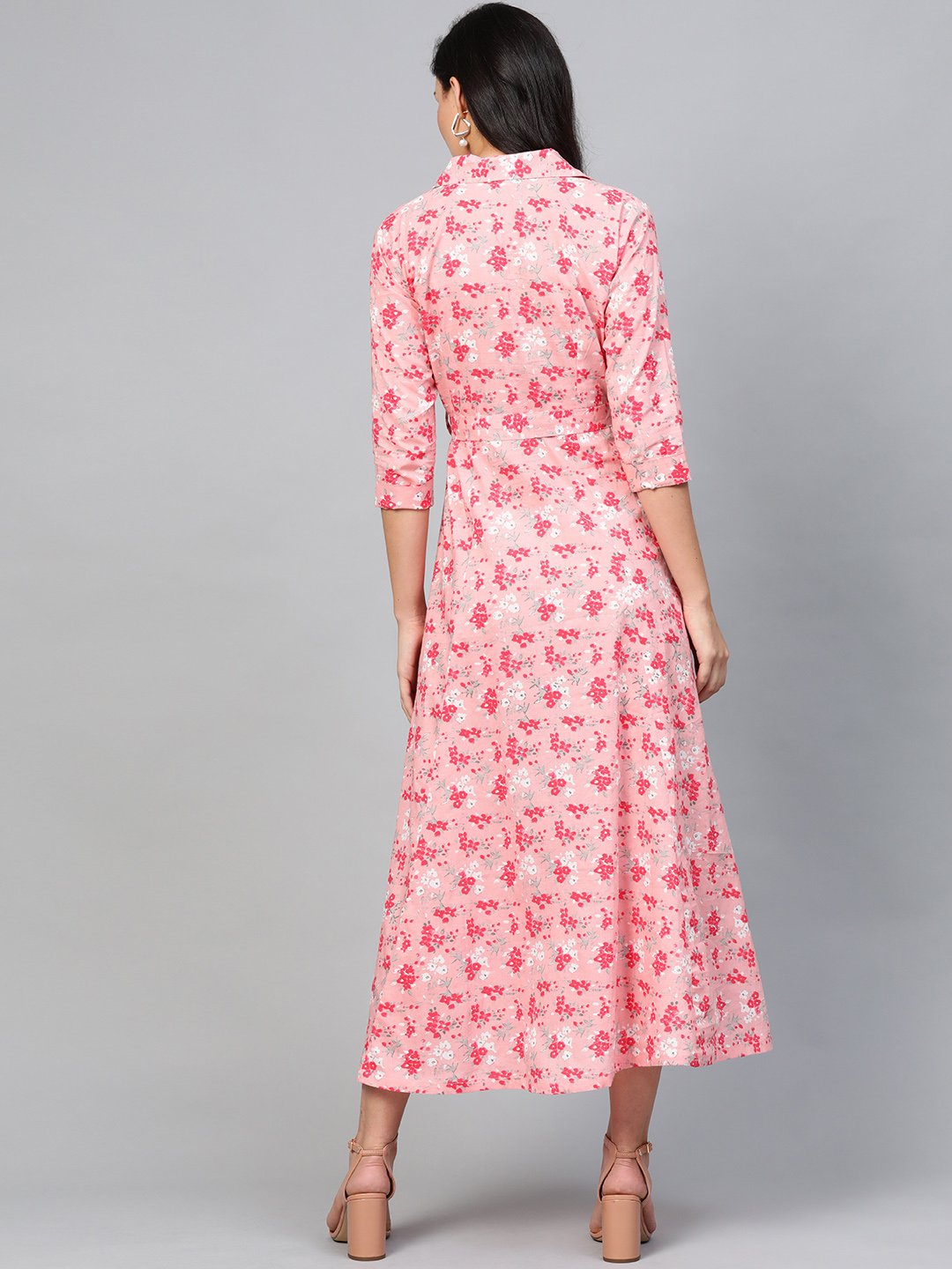 Women Pink Floral Printed Shirt Collar Cotton A-Line Dress | NOZ2TOZ - Made In INDIA.