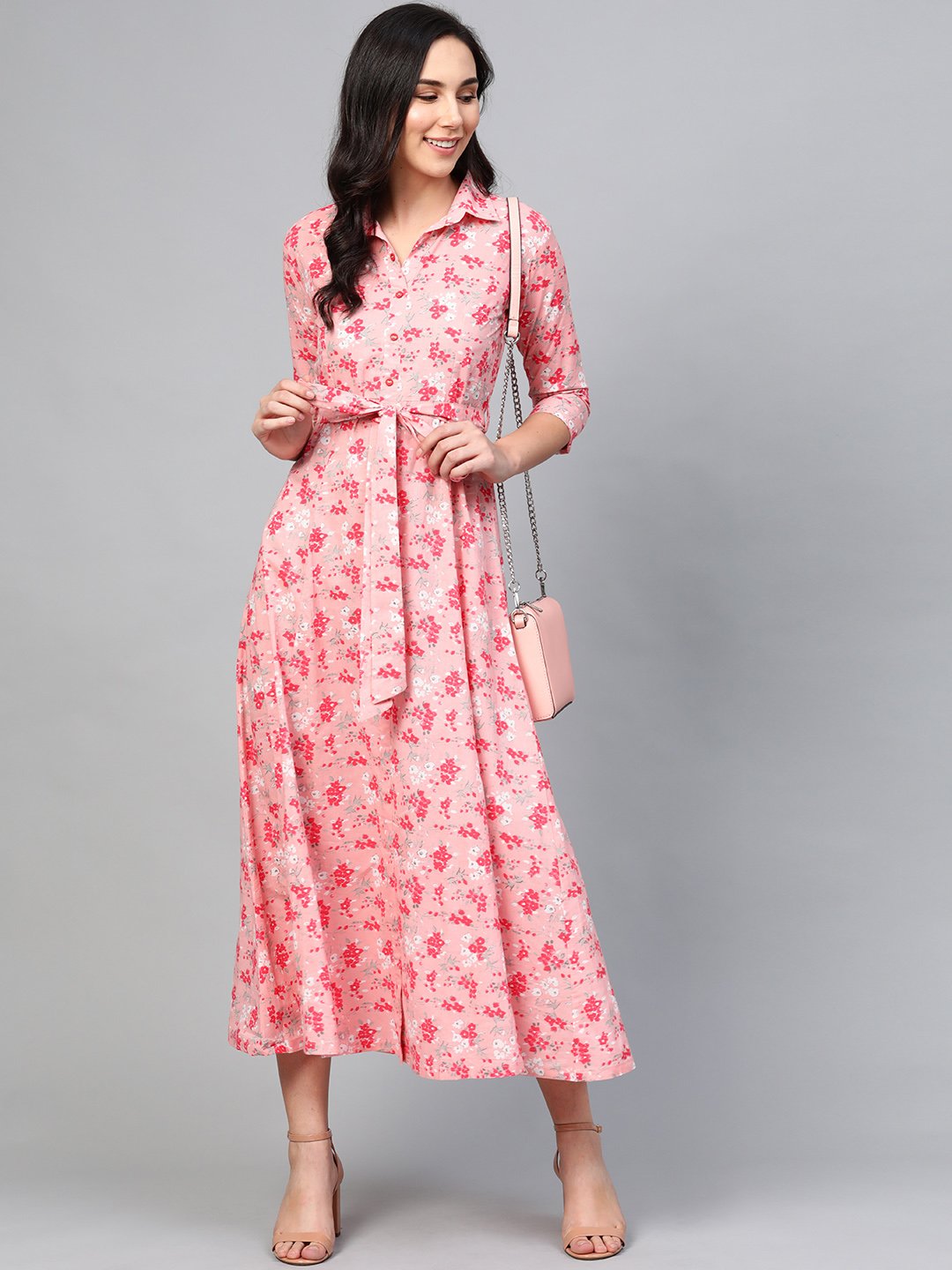 Women Pink Floral Printed Shirt Collar Cotton A-Line Dress | NOZ2TOZ - Made In INDIA.