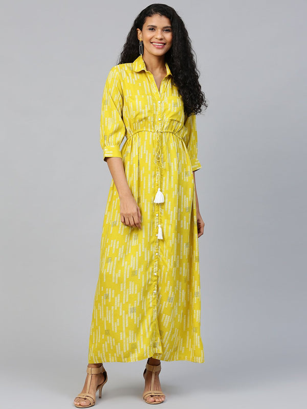 Women Limegreen Conversational Printed Shirt Collar Viscose Rayon A-Line Dress | NOZ2TOZ - Made In INDIA.