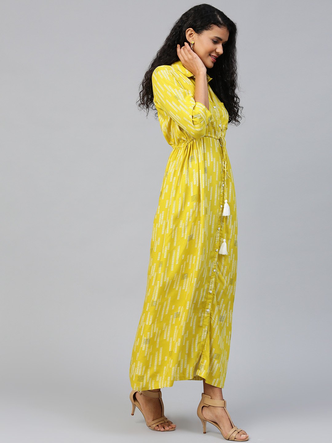 Women Limegreen Conversational Printed Shirt Collar Viscose Rayon A-Line Dress | NOZ2TOZ - Made In INDIA.