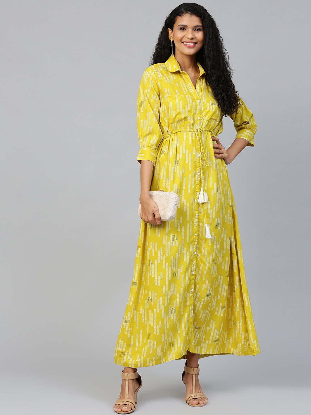 Women Limegreen Conversational Printed Shirt Collar Viscose Rayon A-Line Dress | NOZ2TOZ - Made In INDIA.