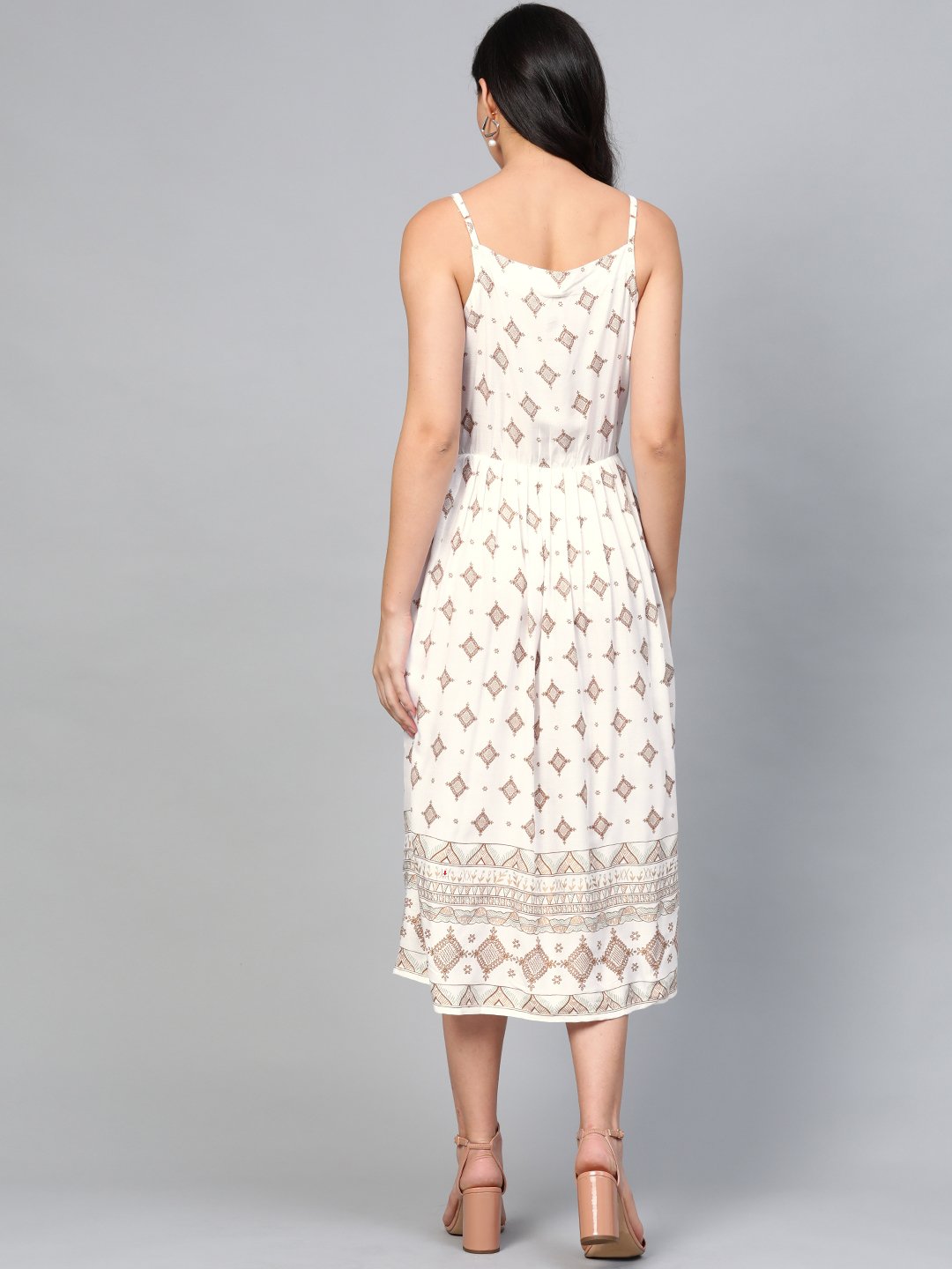 Women White Geometric Printed Shoulder Straps Viscose Rayon Fit and Flare Dress | NOZ2TOZ - Made In INDIA.