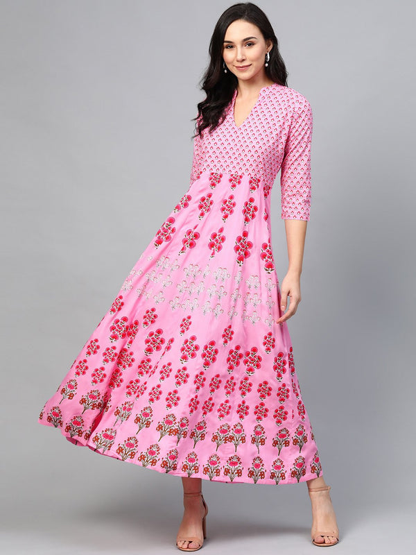 Women Pink Floral Printed Mandarin Collar Viscose Rayon Fit and Flare Dress | NOZ2TOZ - Made In INDIA.