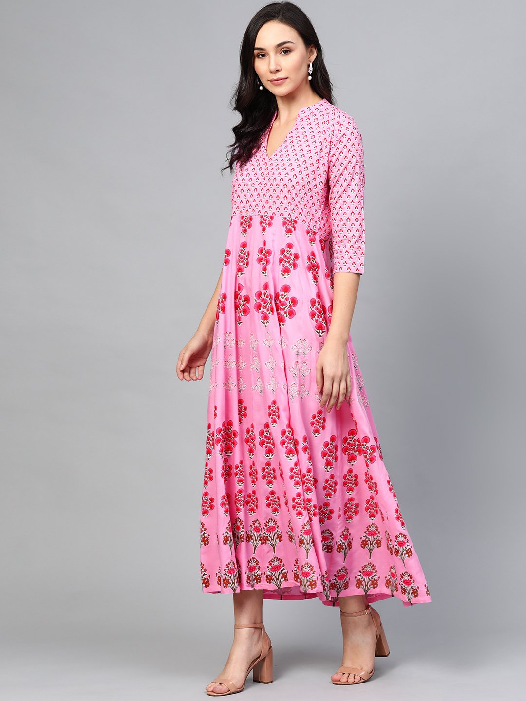 Women Pink Floral Printed Mandarin Collar Viscose Rayon Fit and Flare Dress | NOZ2TOZ - Made In INDIA.